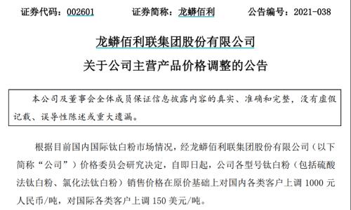 行業(yè)高景氣持續(xù)，鈦白粉龍頭宣布提價！多家企業(yè)年報、一季報接連披露，業(yè)績連續(xù)高增長股名單出爐（附股）